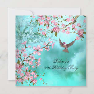 Invitation Fête d'anniversaire turquoise Bird Rose asiatique