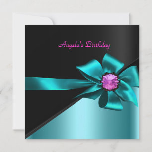 Invitation Fête d'anniversaire Turquoise Bleu noir rose bijou