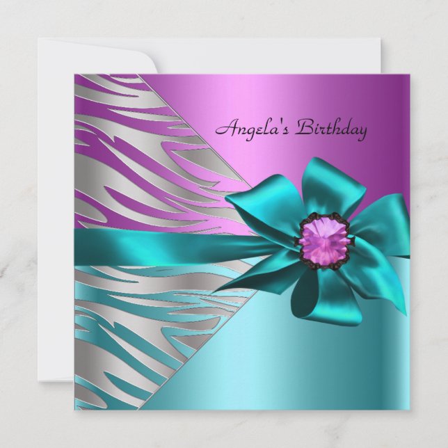 Invitation Fête d'anniversaire Turquoise bleu rose argent Zeb (Devant)