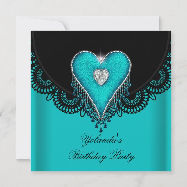 Invitation Fête d'anniversaire Turquoise Coeur bleu noir dent (Devant)