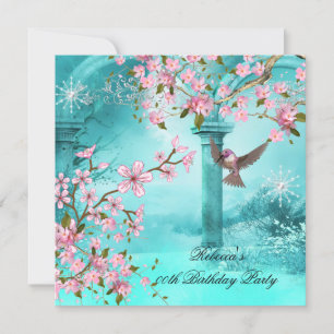 Invitation Fête d'anniversaire turquoise rose asiatique fleur