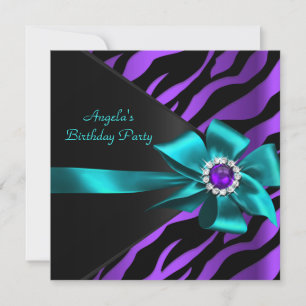 Invitation Fête d'anniversaire Turquoise Violet Zèbre Bleu No
