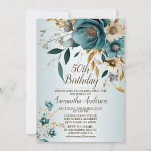 Invitation Fête d'anniversaire Turquoise White Flower Feuille