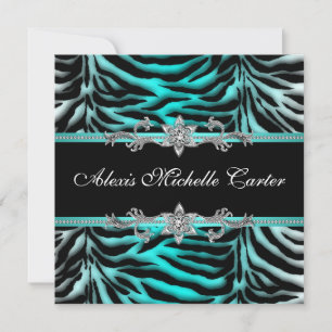 Invitation Fête d'anniversaire turquoise zèbre Sweet Sixteen