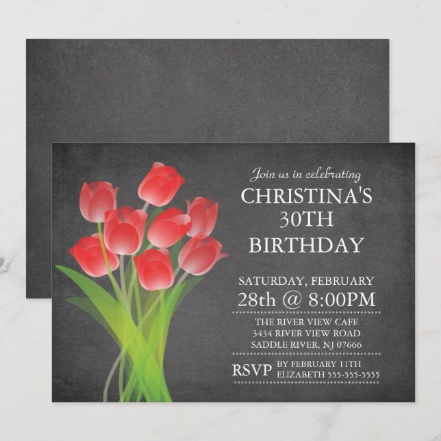 Invitation Fête d'anniversaire typographique de tulipe de (Devant / Derrière)