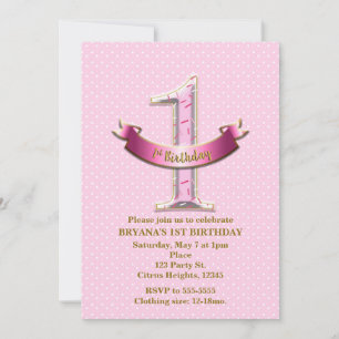 Invitation Fête d'anniversaire UN 1er 1 avec pois roses et ba