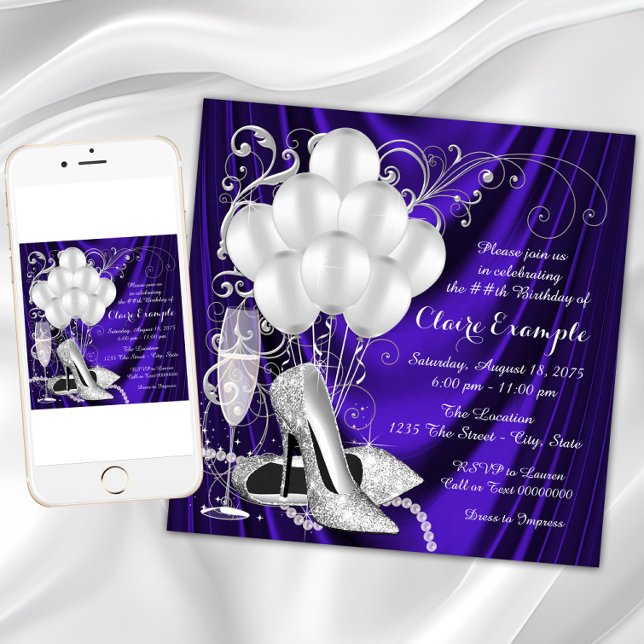 Invitation Fête d'anniversaire violet et argent pour les femm (Womans purple and silver birthday party invitation with silver high heel shoes and pearls. Any #.)