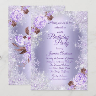 Invitation Fête d'anniversaire violet Floral hiver Wonderland