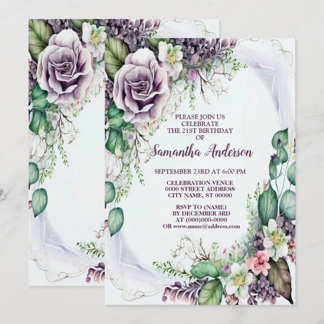 Invitation Fête d'anniversaire violet Floral vert Foliage Élé (Devant / Derrière)