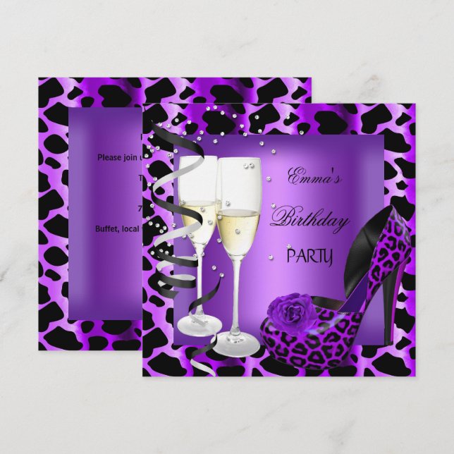 Invitation Fête d'anniversaire violet léopard Chaussures noir (Devant / Derrière)