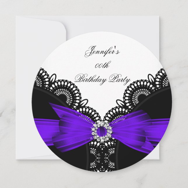 Invitation Fête d'anniversaire violet noir blanc dentelle dia (Devant)