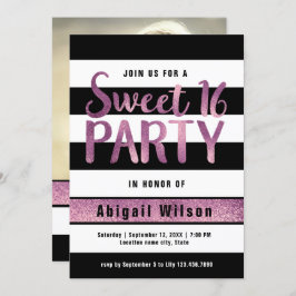 Invitation Fête d'anniversaire violet noir blanc sweet sixtee