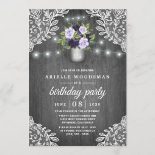 Invitation Fête d'anniversaire violette Silver Grey Floral Ru