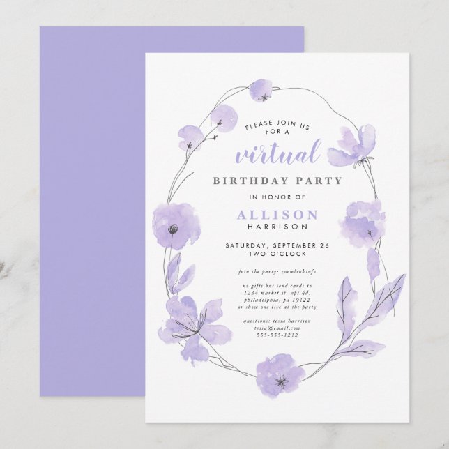 Invitation Fête d'anniversaire virtuelle Floral Aquarelle Lav (Devant / Derrière)