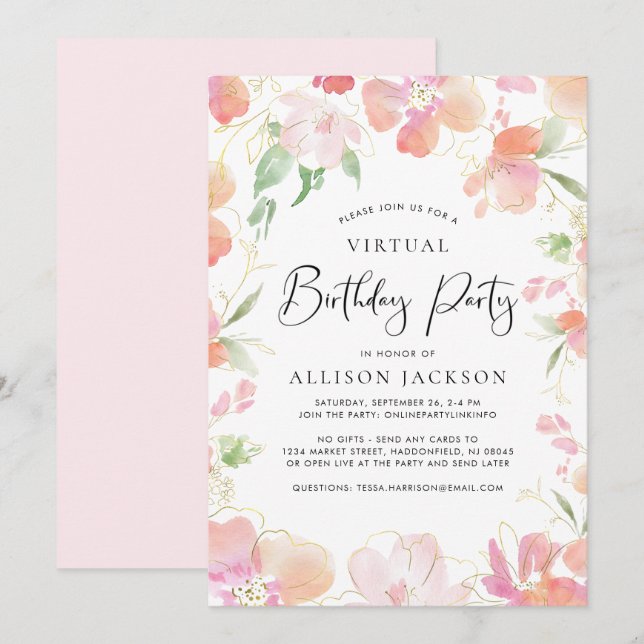 Invitation Fête d'anniversaire virtuelle Floral Rose Gold (Devant / Derrière)