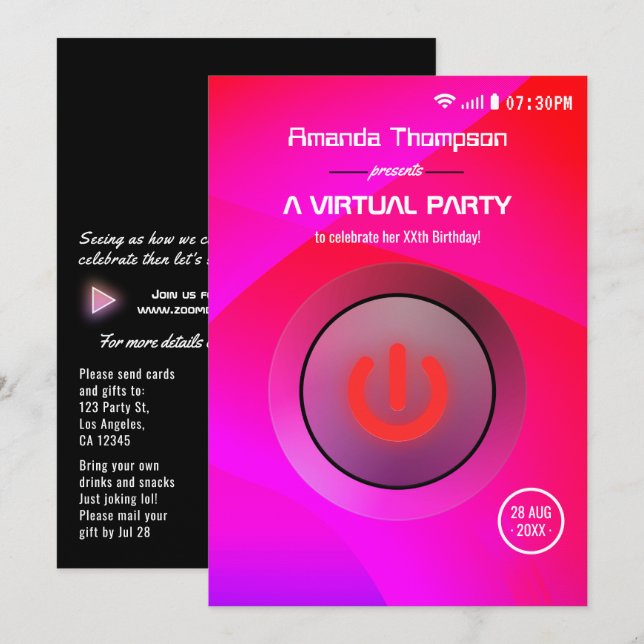Invitation Fête d'anniversaire virtuelle rose et violet (Devant / Derrière)