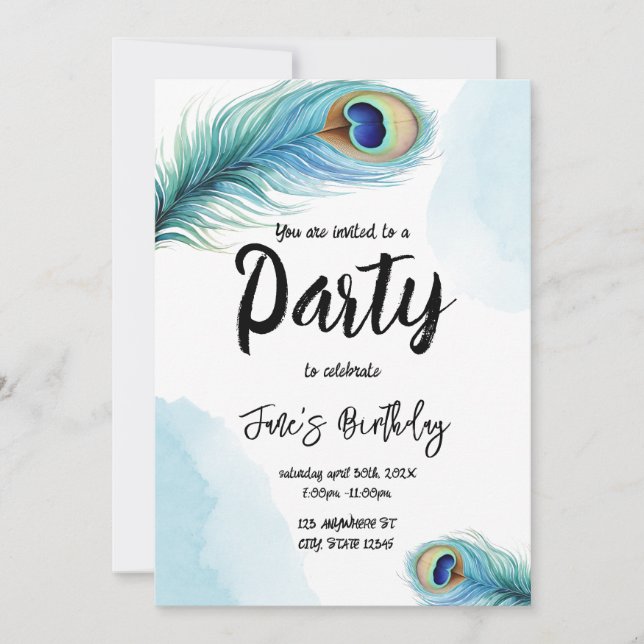 Invitation Fête d'anniversaire Watercolor Peacock (Devant)