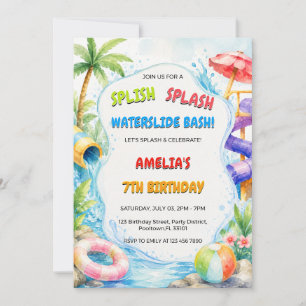 Invitation Fête d'anniversaire Watercolor Water Slide Bash