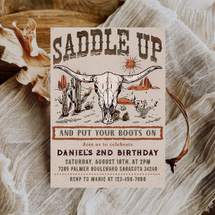 Invitation Fête d'anniversaire western cow-boy Saddle Up vint