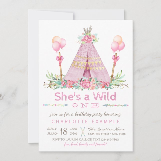 Invitation Fête d'anniversaire Wild One Pink Teepee Premier a (Devant)
