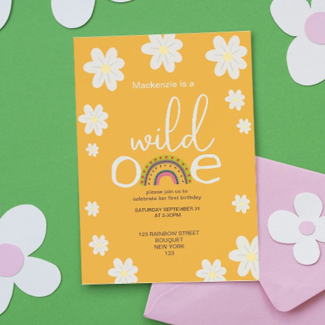 Invitation Fête d'anniversaire Wild One Rainbow Personnalisée (Wild One Rainbow Birthday Party Personalized Invitation from Ricaso. Flowers and rainbow one year
)