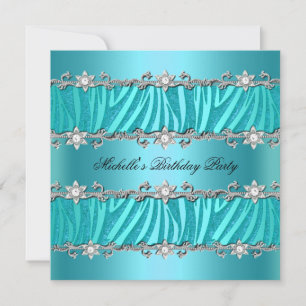 Invitation Fête d'anniversaire Wild Zebra Diamond Turquoise