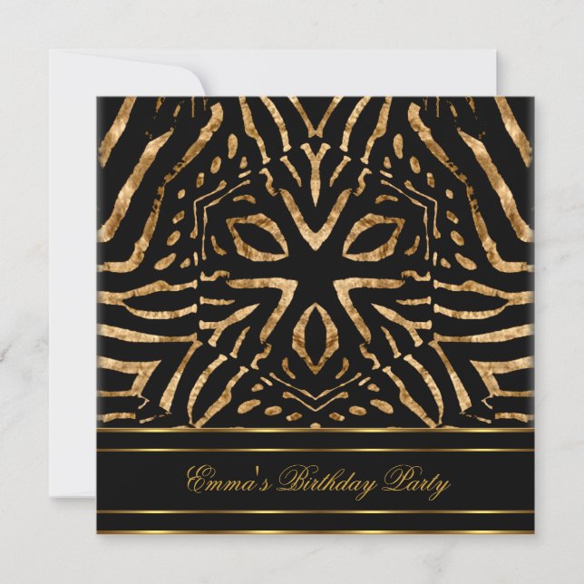 Invitation Fête d'anniversaire Zebra Black Gold Afrique sauva (Devant)