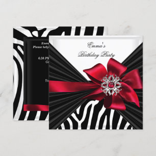Invitation Fête d'anniversaire Zebra Elegant Rouge Noir Blanc