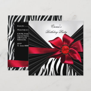 Invitation Fête d'anniversaire Zebra Elegant Rouge Noir Blanc