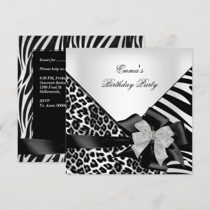 Invitation Fête d'anniversaire Zebra Leopard Elégant noir bla