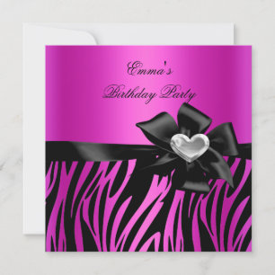 Invitation Fête d'anniversaire Zebra Silver Hot Pink Noir