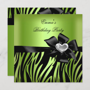 Invitation Fête d'anniversaire Zebra Silver Lime Vert Noir