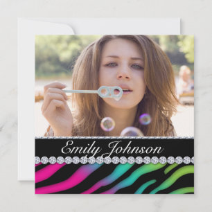 Invitation Fête d'anniversaire Zèbre Bijou Rose Vert Bleu Noi