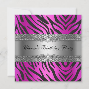 Invitation Fête d'anniversaire Zèbre Diamant Noir Rose Chaud