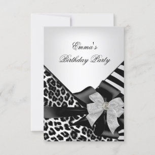 Invitation Fête d'anniversaire Zèbre Léopard Élégant Noir bla