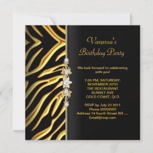 Invitation Fête d'anniversaire zèbre or floral noir