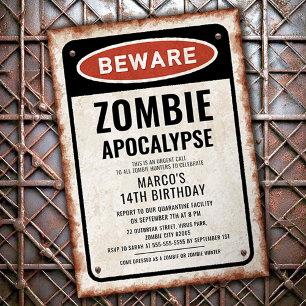 Invitation Fête d'anniversaire zombie avec pancarte AVERTISSE