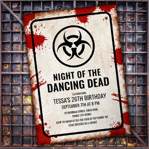 Invitation Fête dansante zombie avec sang et panneau dégradé