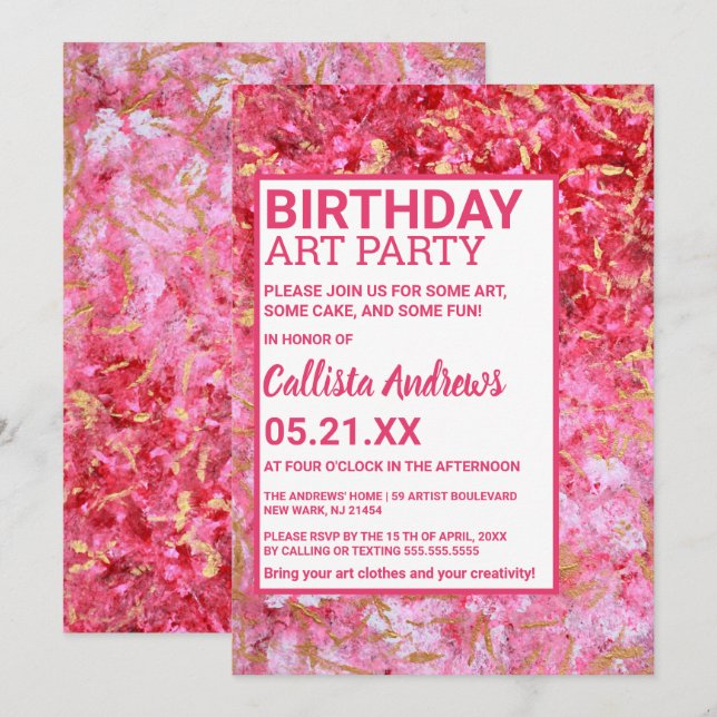 Invitation Fête d'art de peinture rose or rouge (Devant / Derrière)