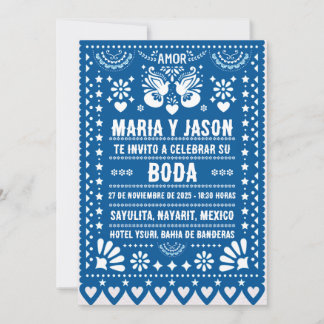 Invitation Fête d'art populaire de papel picado bleu Mariage 