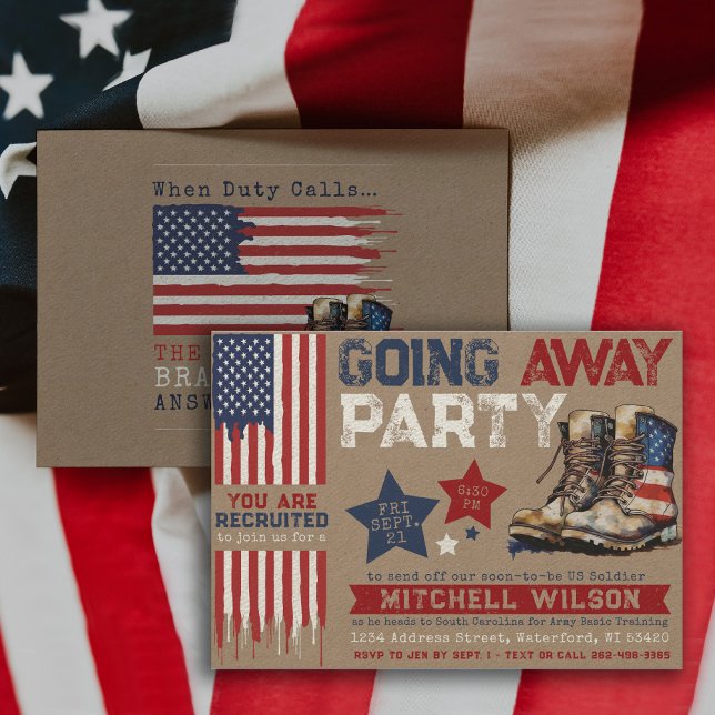 Invitation Fête d'Au Revoir Fête d'adieu militaire Drapeau am (Military Soldier Army Going Away Party Invitation, Patriotic Farewell, USA Flag, Rustic, star, boots)