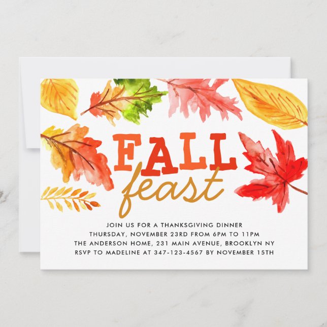 Invitation Fête d'automne Aquarelle Feuilles Thanksgiving Dîn (Devant)