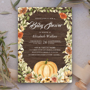 Invitation Fête d'automne Terreux Floral Citrouille Bois Baby