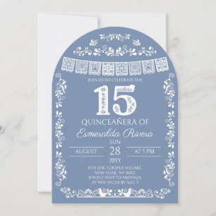 Invitation Fête de 15 ans bleu poussiéreux Papel Picado Quinc