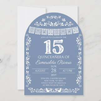 Invitation Fête de 15 ans bleu poussiéreux Papel Picado Quinc