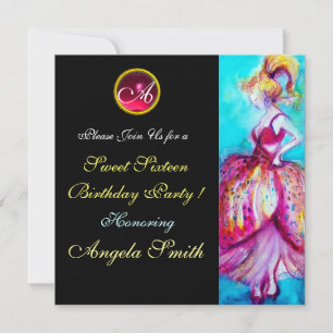 INVITATION FÊTE DE 16 ANS DOUCE ET FANTAISISTE GEMME MONOGRAM