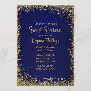 Invitation Fête de 16 ans Glamour Paillettes Bleu Royal et Or