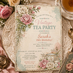 Invitation Fête de 16 ans Vintage Cottagecore Tea Party Sucré