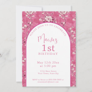 Invitation Fête de 1er anniversaire élégante rose chinoiserie