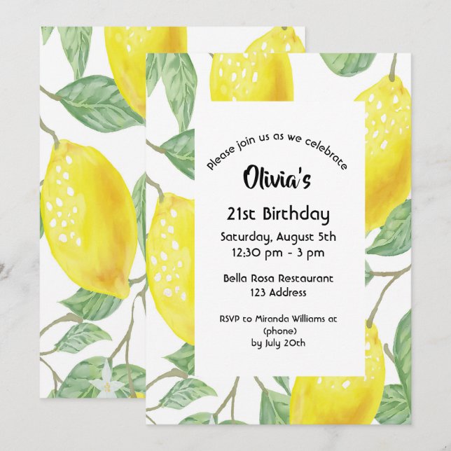 Invitation fête de 21e anniversaire jaune citrons blanc (Devant / Derrière)